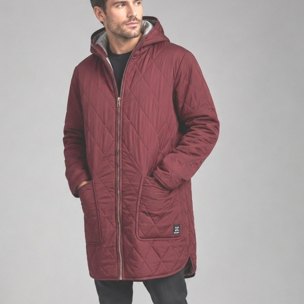 WE-AR4 Mens Quilted Longline Hooded Parka Jacket‎ Burgundy Wine NWT